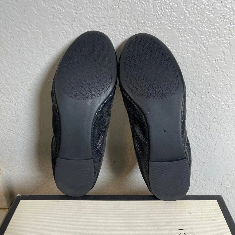 Tory Burch Allie Black Leather Gold Logo Ballet Flats Shoes Slip On Women 9.5 M